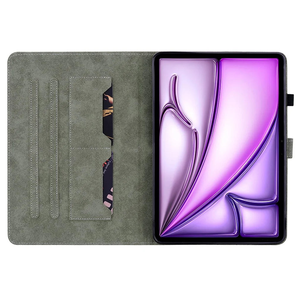 For iPad Air 13 (2026) / (2025) / (2024) Case PU Leather Stand Tablet Shell Cute Cartoon Tiger Imprinted - Grey - 3