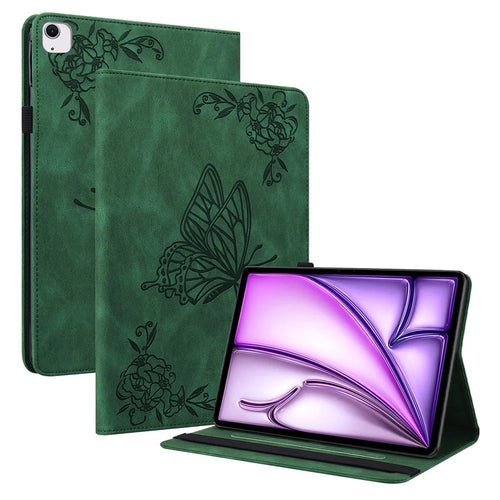 For iPad Air 11 (2026) / (2025) / (2024) Case Imprinted Butterfly Flower PU Leather Flip Card Slots Tablet Cover - Green - 1
