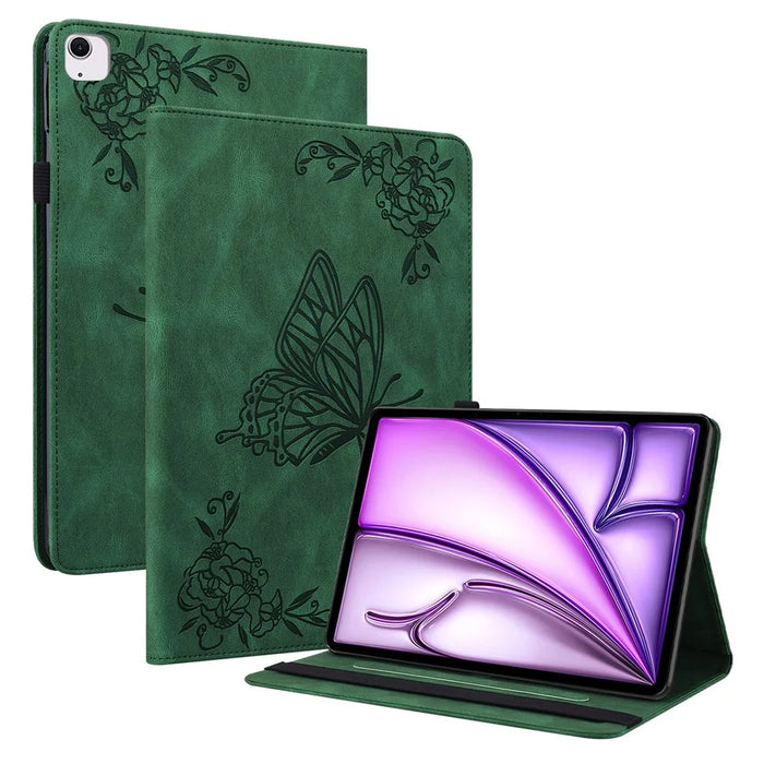 For iPad Air 11 (2026) / (2025) / (2024) Case Imprinted Butterfly Flower PU Leather Flip Card Slots Tablet Cover - Green - 1