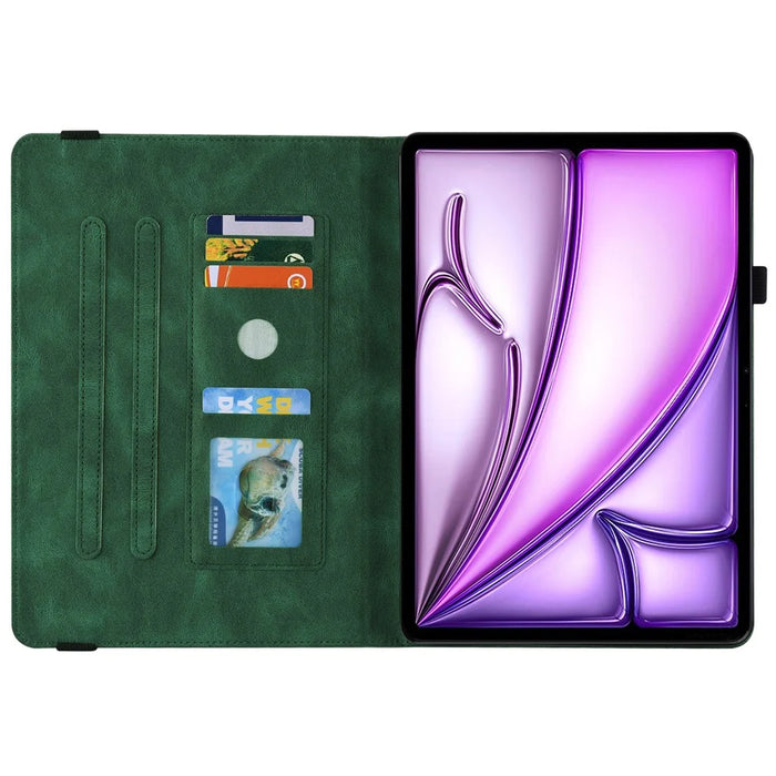 For iPad Air 11 (2026) / (2025) / (2024) Case Imprinted Butterfly Flower PU Leather Flip Card Slots Tablet Cover - Green - 3