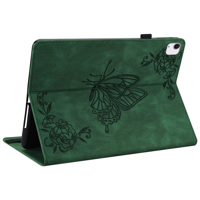 For iPad Air 11 (2026) / (2025) / (2024) Case Imprinted Butterfly Flower PU Leather Flip Card Slots Tablet Cover - Green - 4