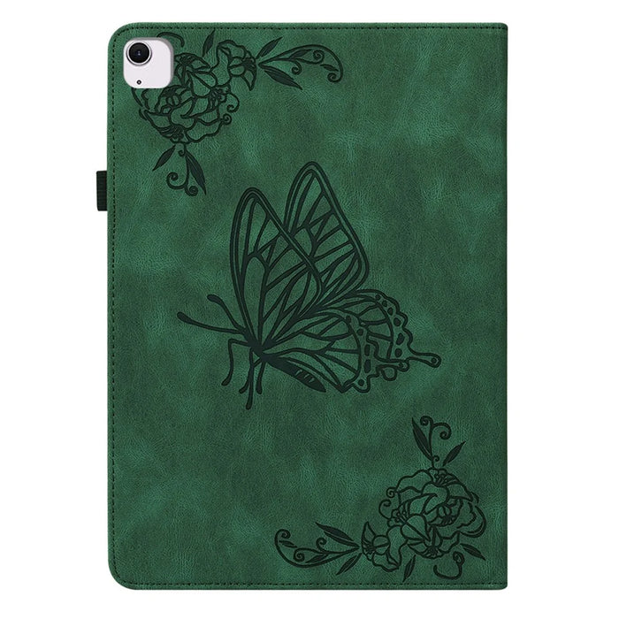 For iPad Air 11 (2026) / (2025) / (2024) Case Imprinted Butterfly Flower PU Leather Flip Card Slots Tablet Cover - Green - 5
