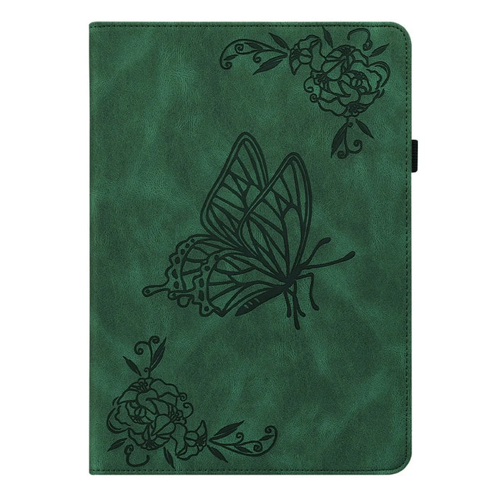 For iPad Air 11 (2026) / (2025) / (2024) Case Imprinted Butterfly Flower PU Leather Flip Card Slots Tablet Cover - Green - 6