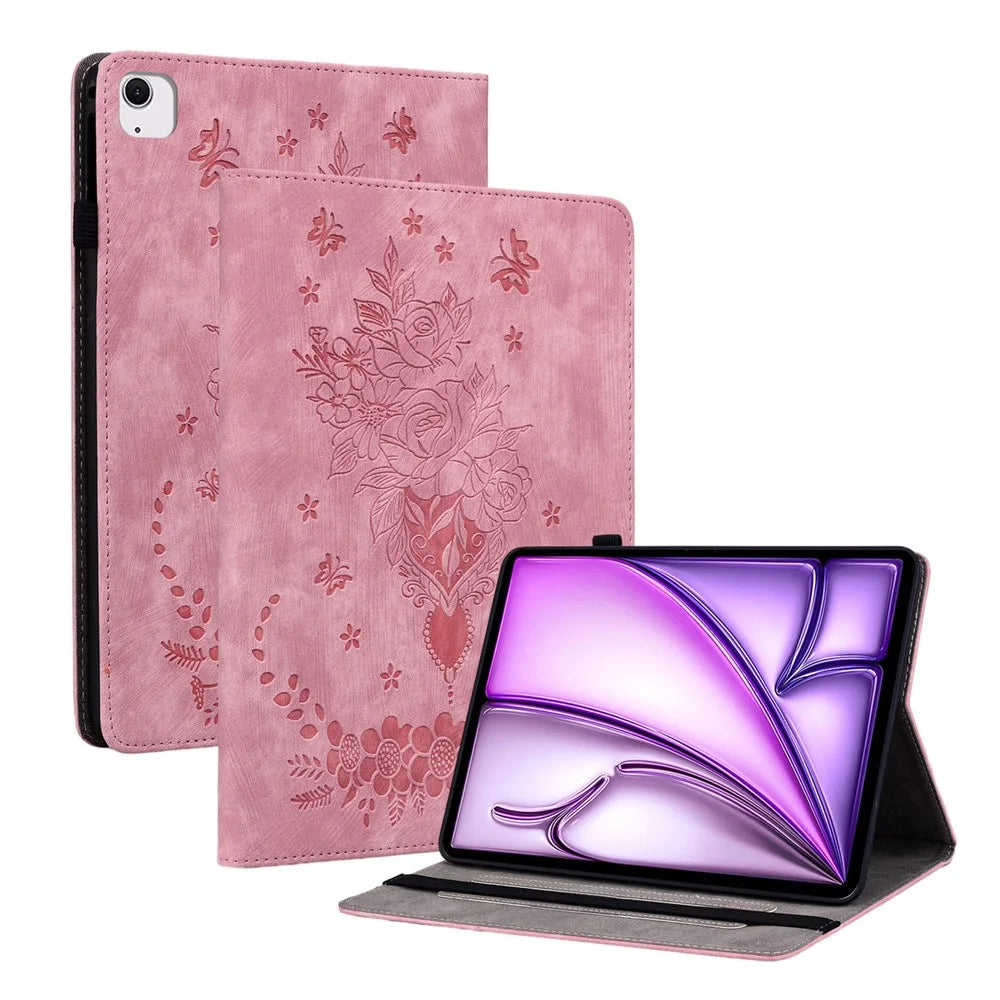 For iPad Air 11 (2026) / (2025) / (2024) Shockproof PU Leather Tablet Case Card Slot Imprinted Rose Flower Protection Cover - Pink - 1