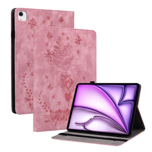 For iPad Air 11 (2026) / (2025) / (2024) Shockproof PU Leather Tablet Case Card Slot Imprinted Rose Flower Protection Cover - Pink - 1