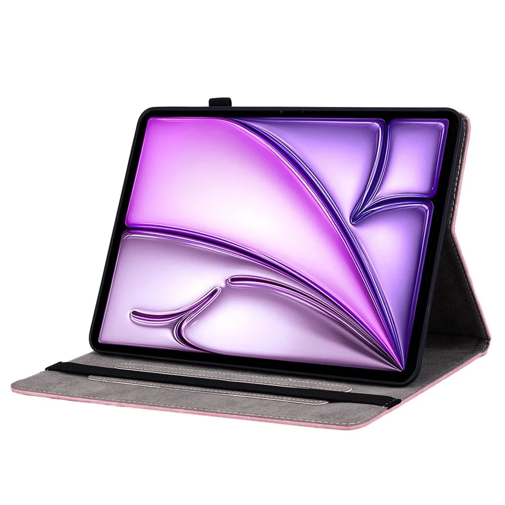 For iPad Air 11 (2026) / (2025) / (2024) Shockproof PU Leather Tablet Case Card Slot Imprinted Rose Flower Protection Cover - Pink - 3