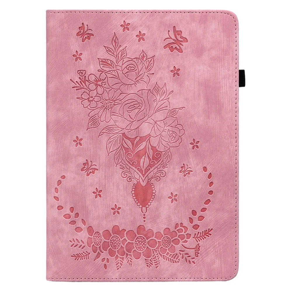 For iPad Air 11 (2026) / (2025) / (2024) Shockproof PU Leather Tablet Case Card Slot Imprinted Rose Flower Protection Cover - Pink - 5