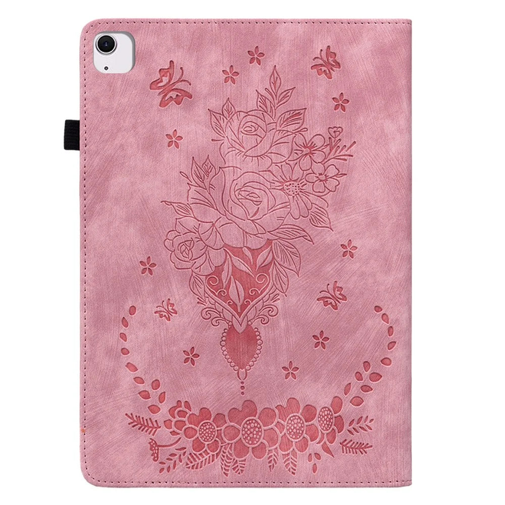 For iPad Air 11 (2026) / (2025) / (2024) Shockproof PU Leather Tablet Case Card Slot Imprinted Rose Flower Protection Cover - Pink - 6