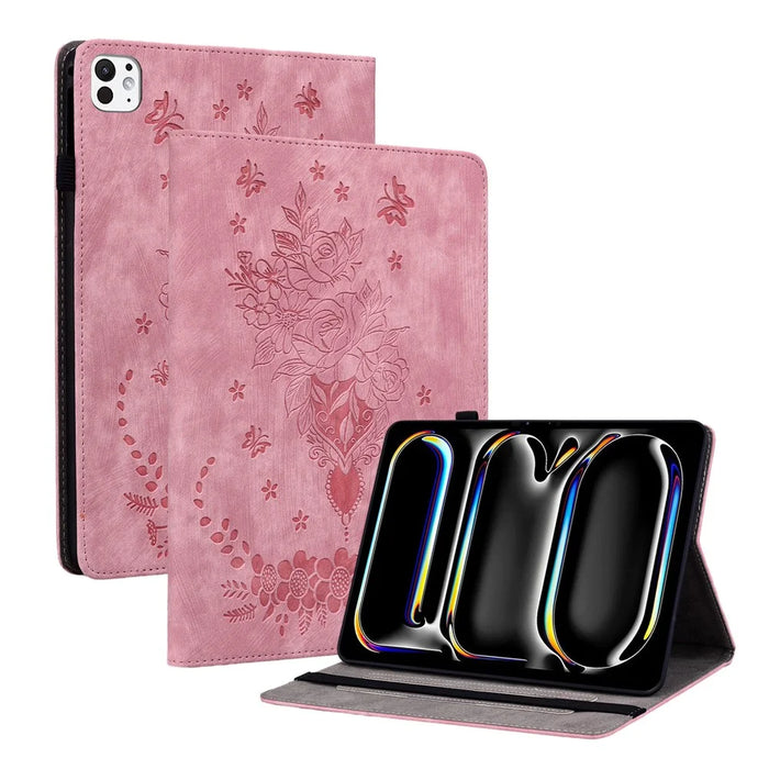 For iPad Pro 11 (2025) / 11 (2024) Leather Tablet Case Card Holder Imprinted Rose Flower Cover - Pink - 1