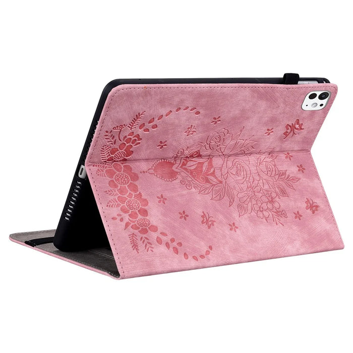 For iPad Pro 11 (2025) / 11 (2024) Leather Tablet Case Card Holder Imprinted Rose Flower Cover - Pink - 4