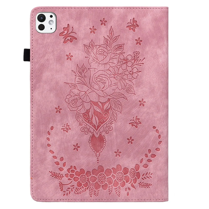 For iPad Pro 11 (2025) / 11 (2024) Leather Tablet Case Card Holder Imprinted Rose Flower Cover - Pink - 5