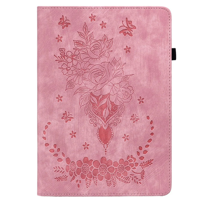 For iPad Pro 11 (2025) / 11 (2024) Leather Tablet Case Card Holder Imprinted Rose Flower Cover - Pink - 6