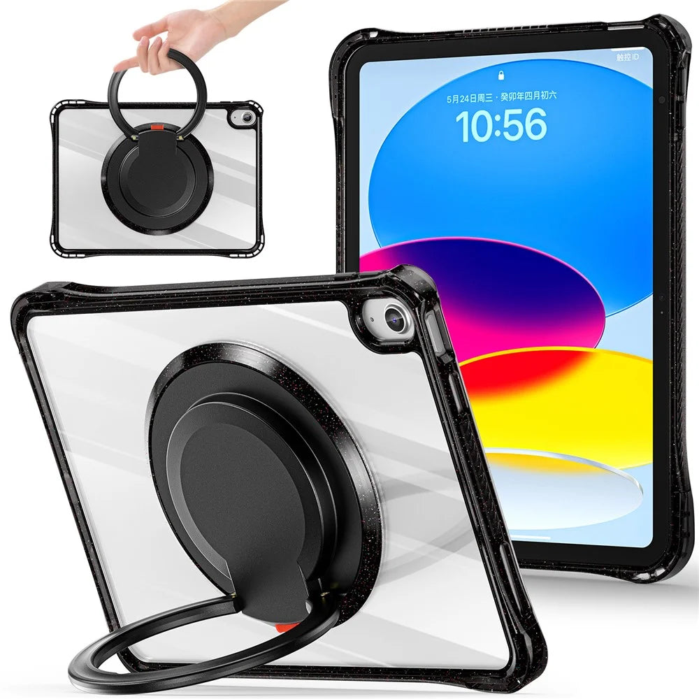 For iPad (2025) / 10.9 (2022) Case Rotating Handle Grip TPU+PC Clear Tablet Cover - Black - 1
