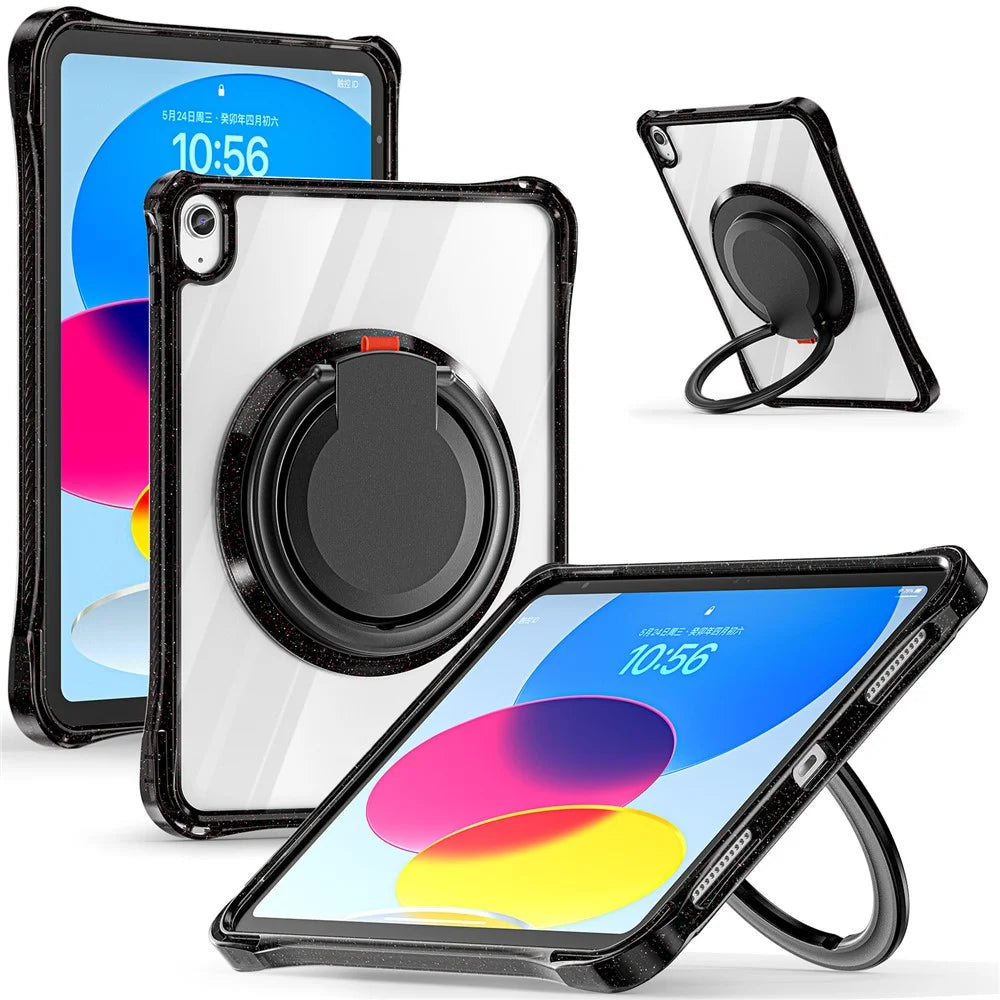 For iPad (2025) / 10.9 (2022) Case Rotating Handle Grip TPU+PC Clear Tablet Cover - Black - 2
