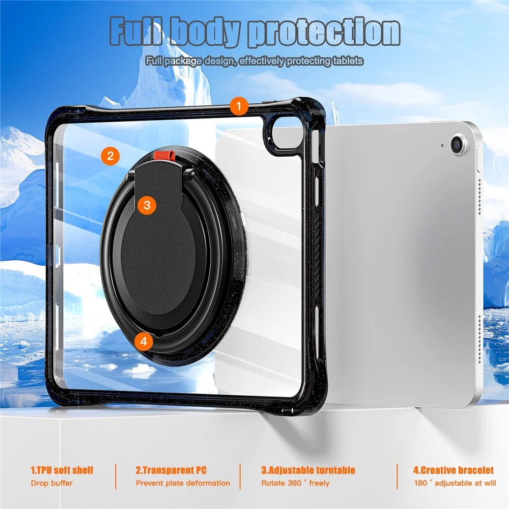 For iPad (2025) / 10.9 (2022) Case Rotating Handle Grip TPU+PC Clear Tablet Cover - Black - 4