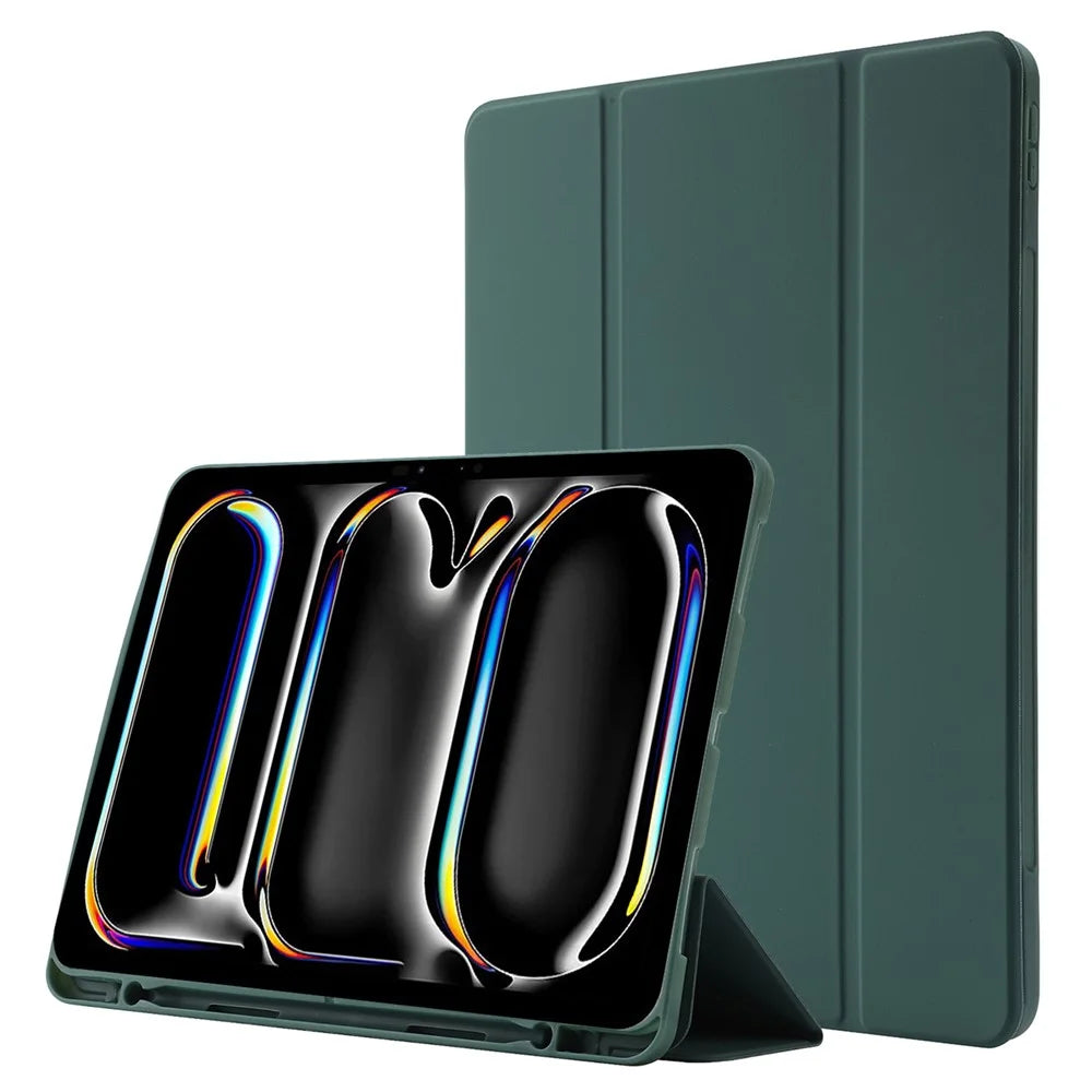 For iPad Pro 13 (2025) / 13 (2024) Case Skin-Touch Leather Tri-Fold Stand Tablet Cover with Pencil Holder - Blackish Green - 1