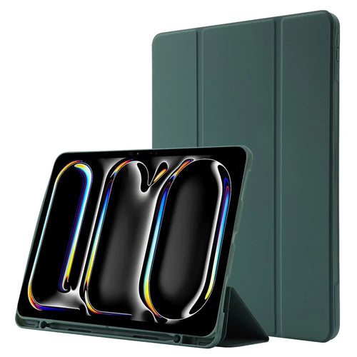 For iPad Pro 13 (2025) / 13 (2024) Case Skin-Touch Leather Tri-Fold Stand Tablet Cover with Pencil Holder - Blackish Green - 1
