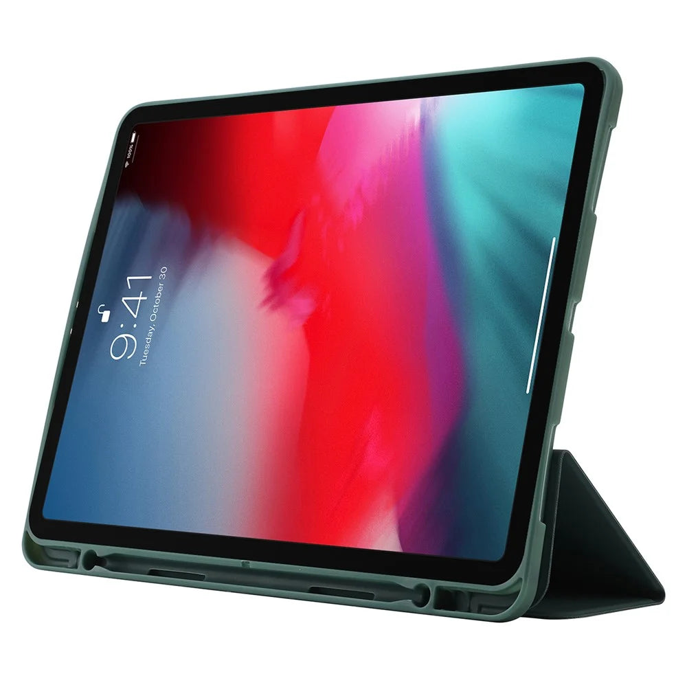 For iPad Pro 13 (2025) / 13 (2024) Case Skin-Touch Leather Tri-Fold Stand Tablet Cover with Pencil Holder - Blackish Green - 3