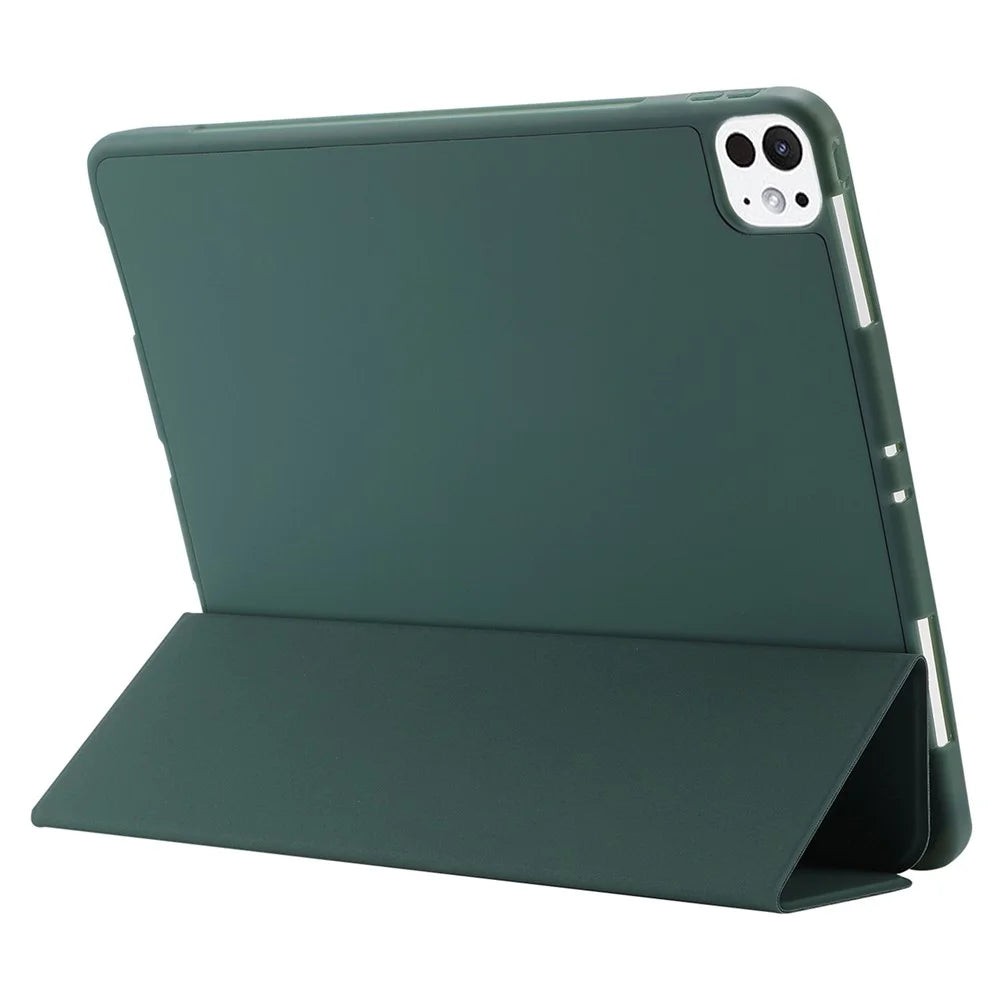 For iPad Pro 13 (2025) / 13 (2024) Case Skin-Touch Leather Tri-Fold Stand Tablet Cover with Pencil Holder - Blackish Green - 4