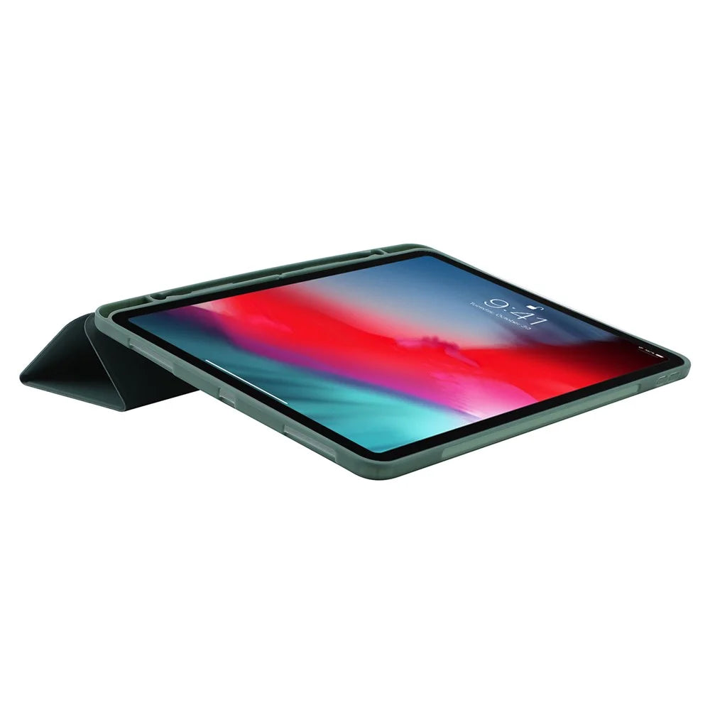 For iPad Pro 13 (2025) / 13 (2024) Case Skin-Touch Leather Tri-Fold Stand Tablet Cover with Pencil Holder - Blackish Green - 5