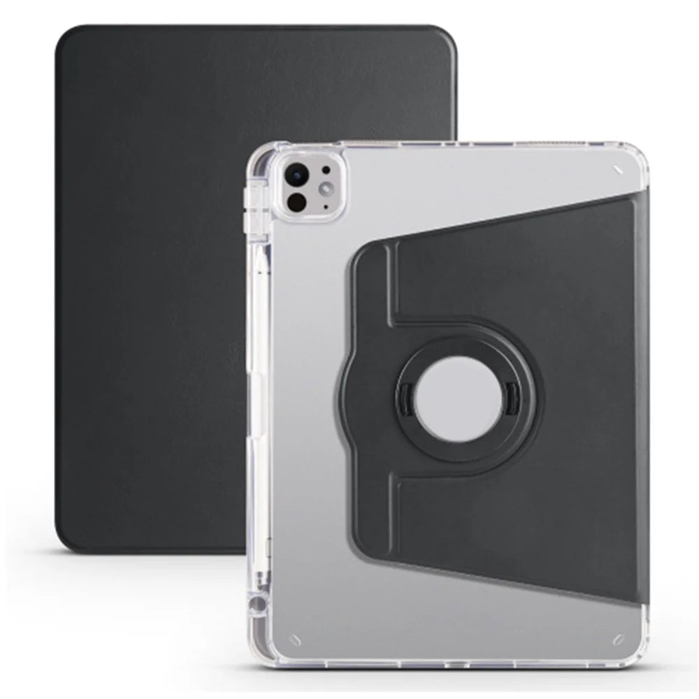 For iPad Pro 13 (2025) / 13 (2024) Case Rotating Stand PU Leather Clear Back Detachable Tablet Cover - Black - 1