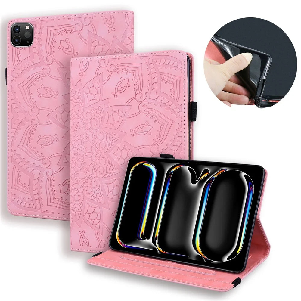For iPad Pro 11 (2025) / 11 (2024) Case Flower Pattern Leather Tablet Cover Auto Wake / Sleep - Pink - 1