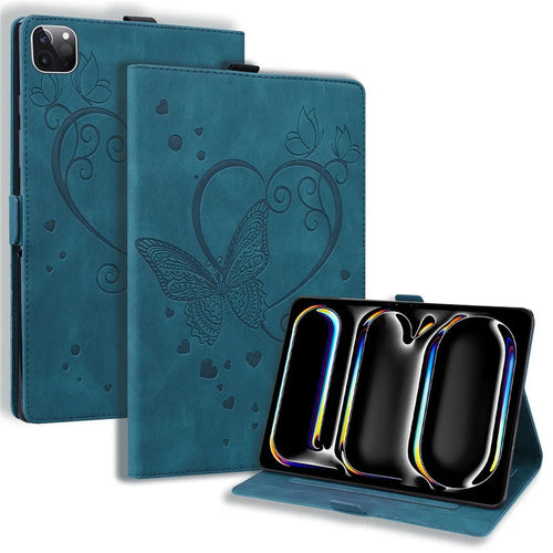 For iPad Pro 11 (2025) / 11 (2024) Case with Card Slots Butterfly Imprinted Leather Tablet Cover - Blue - 1