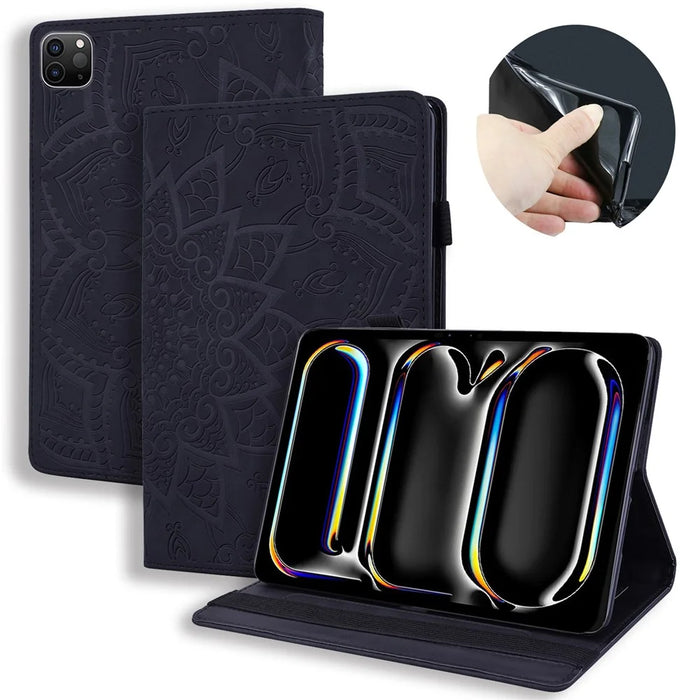 For iPad Air 13 (2026) / (2025) / (2024) / Pro 12.9 (2020) / (2021) Case PU Leather Flower Pattern Stand Cover - Black - 1