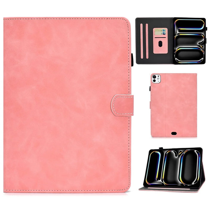 For iPad Pro 11 (2025) / 11 (2024) Cowhide Texture PU Leather Stand Tablet Case Card Holder Cover with Pen Holder Loop - Pink - 1