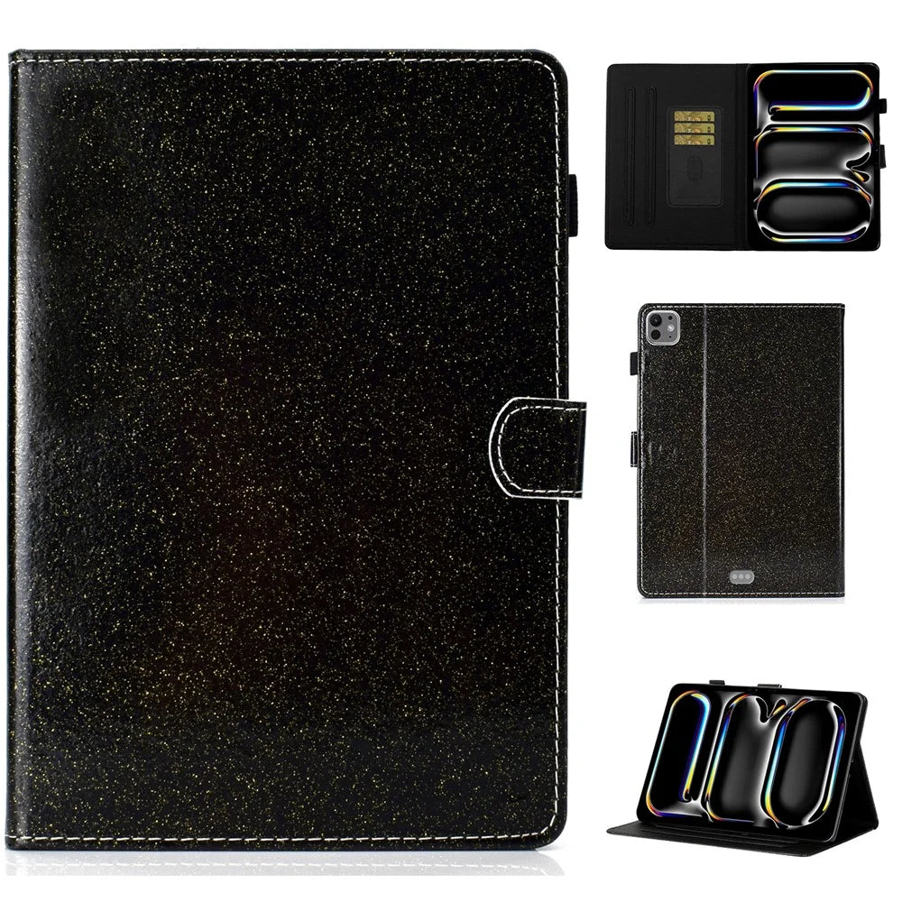 For iPad Pro 11 (2025) / 11 (2024) Case Card Slot Stand Glittery PU Leather Tablet Cover - Black - 1