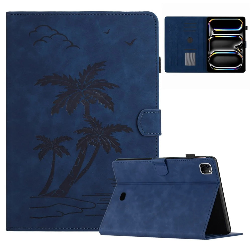 For iPad Pro 11 (2025) / 11 (2024) Case with Card Slots PU Leather Coconut Tree Smart Tablet Cover - Blue - 1