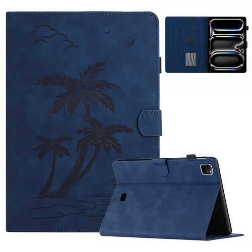 For iPad Pro 11 (2025) / 11 (2024) Case with Card Slots PU Leather Coconut Tree Smart Tablet Cover - Blue - 1