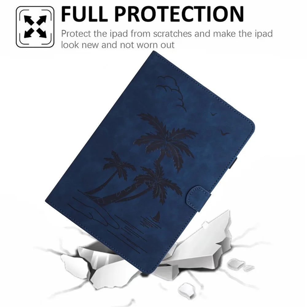 For iPad Pro 11 (2025) / 11 (2024) Case with Card Slots PU Leather Coconut Tree Smart Tablet Cover - Blue - 6
