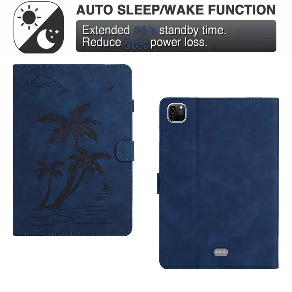 For iPad Pro 11 (2025) / 11 (2024) Case with Card Slots PU Leather Coconut Tree Smart Tablet Cover - Blue - 7