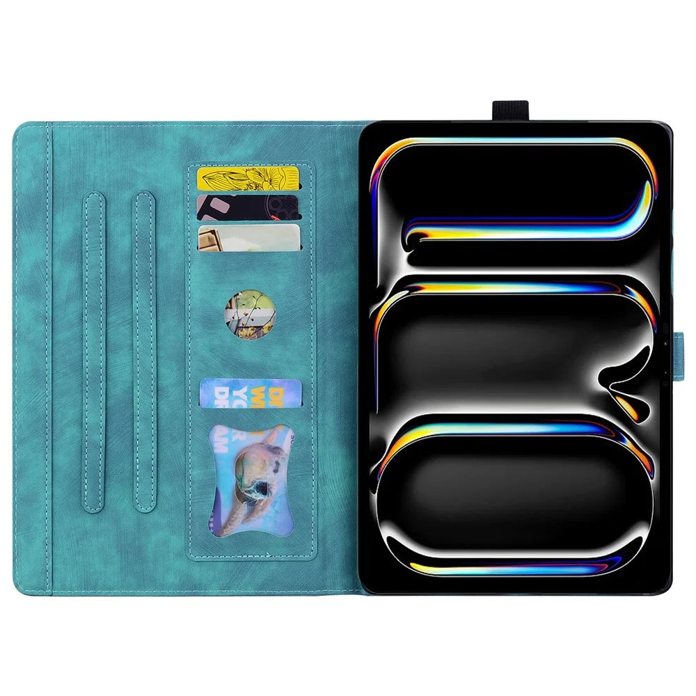 For iPad Air 13 (2026) / (2025) / (2024) Pro 12.9 (2020) / (2021) Case Flower Cat Pattern Leather Smart Tablet Cover - Green - 2