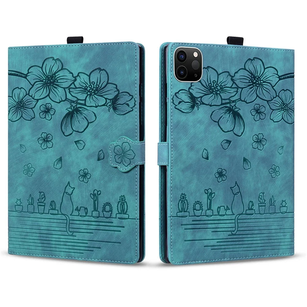 For iPad Air 13 (2026) / (2025) / (2024) Pro 12.9 (2020) / (2021) Case Flower Cat Pattern Leather Smart Tablet Cover - Green - 7