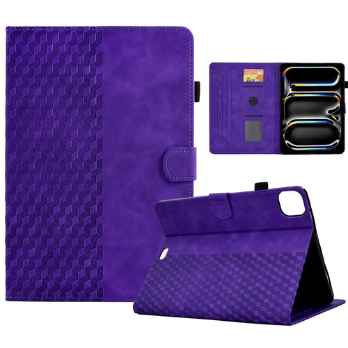 A3 For iPad Pro 11 (2025) / (2024) Case Card Slots Leather Tablet Cover Block Pattern - Purple - 1