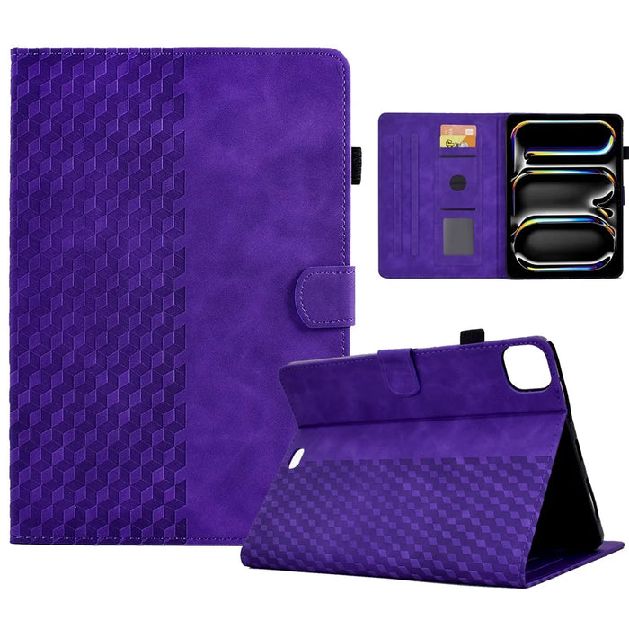 A3 For iPad Pro 11 (2025) / (2024) Case Card Slots Leather Tablet Cover Block Pattern - Purple - 1