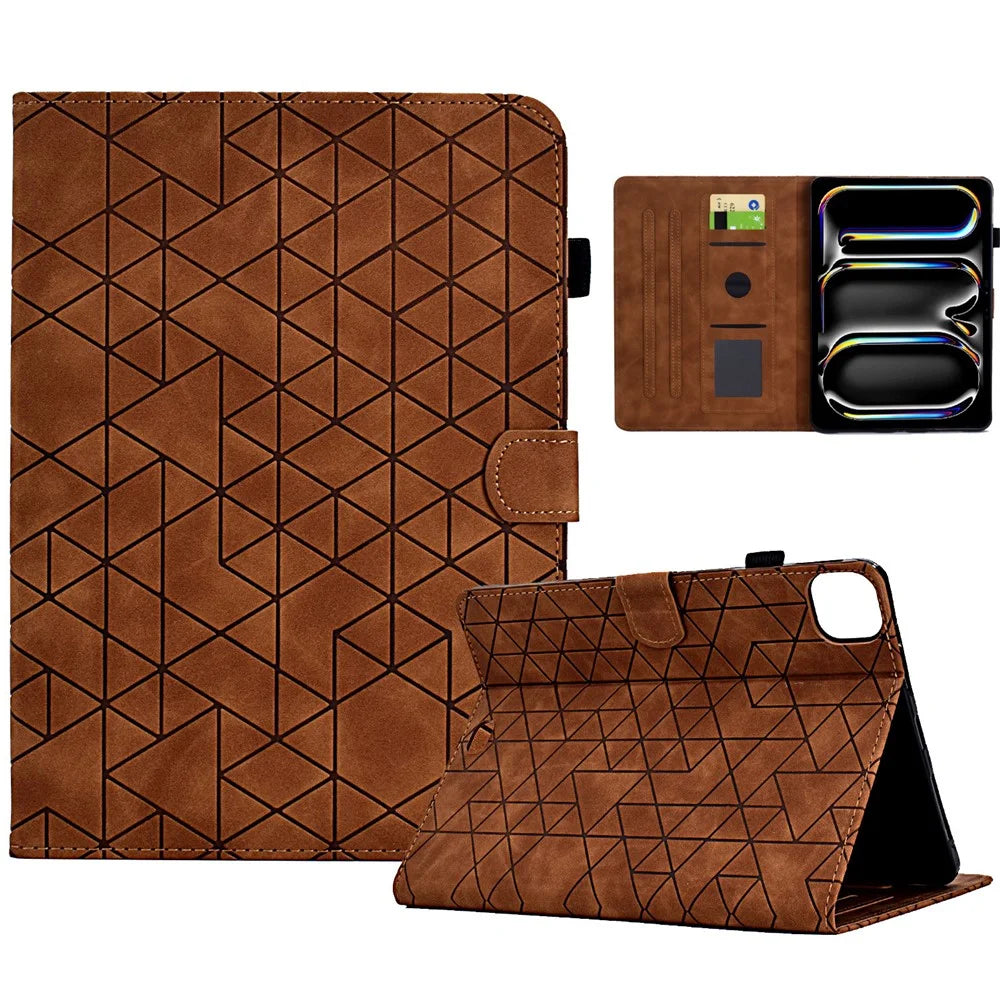 A6 For iPad Pro 11 (2025) / (2024) Case Card Slots Stand Rhombus Auto Wake  /  Sleep Leather Tablet Cover - Brown - 1