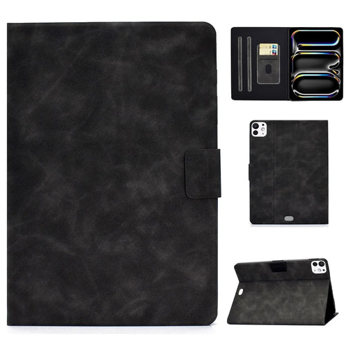 For iPad Pro 11 (2025) / (2024) Case Cowhide Texture Leather Tablet Cover Multi-Angle Viewing - Black - 1