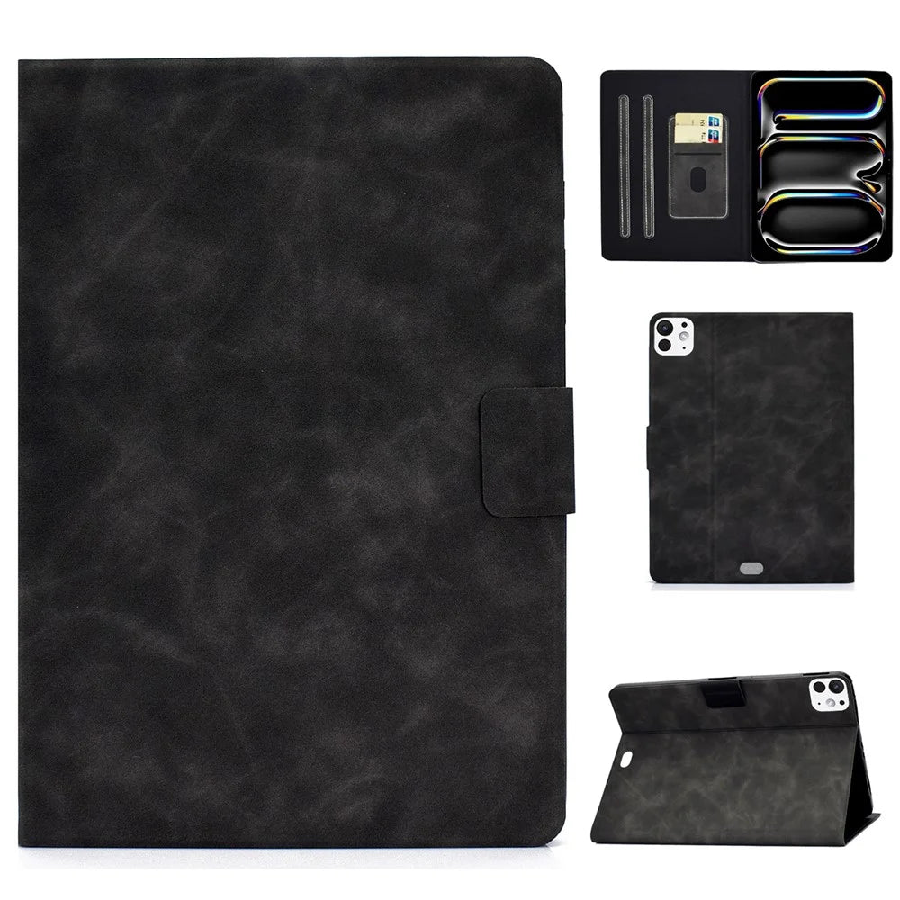 For iPad Pro 11 (2025) / (2024) Case Cowhide Texture Leather Tablet Cover Multi-Angle Viewing - Black - 1