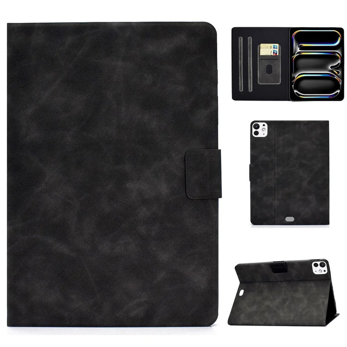 For iPad Pro 11 (2025) / (2024) Case Cowhide Texture Leather Tablet Cover Multi-Angle Viewing - Black - 1