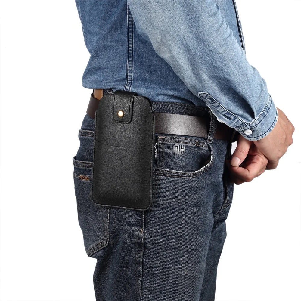 5.4-6.1 Inch Phone Storage Pouch Ultra Thin Microfiber Leather Waist Bag for iPhone 17 / 17 Pro / 16 / 16 Pro / Samsung Galaxy S26 / S25, Size S - Black - 5
