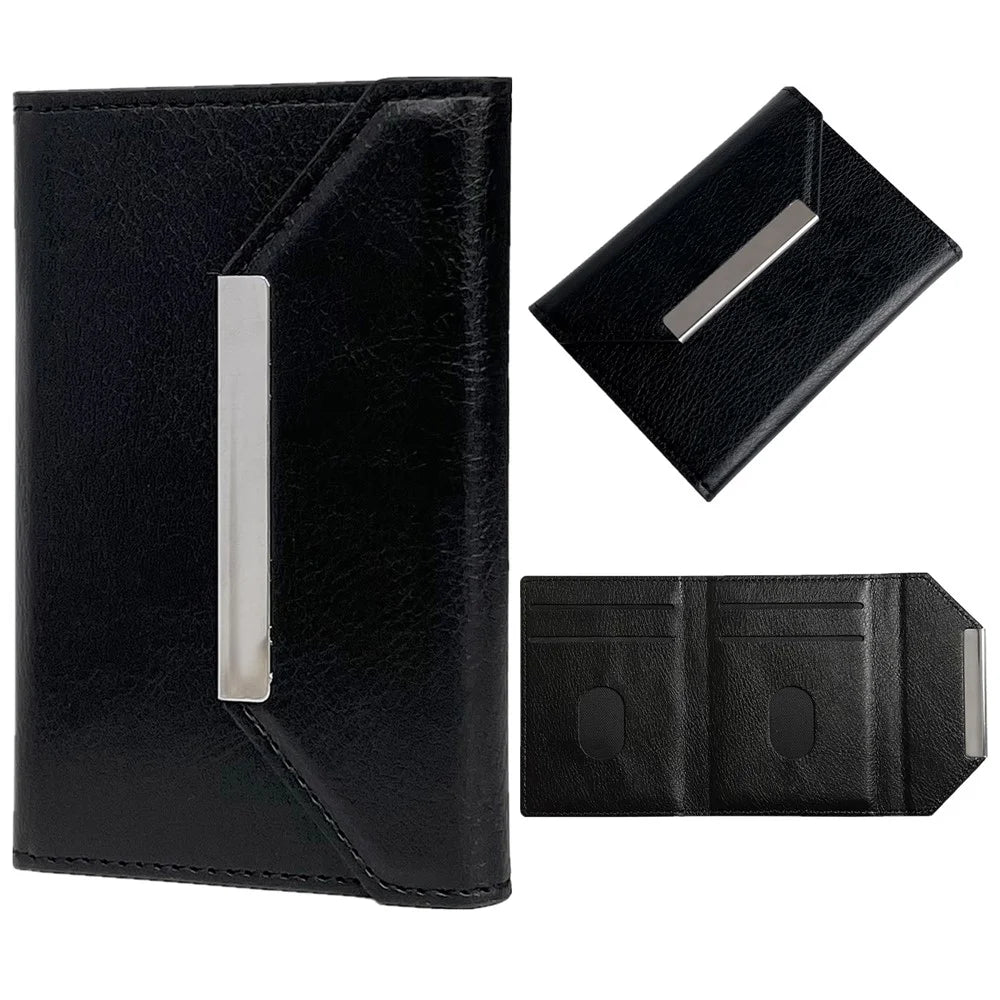 Solid Color PU Leather Card Bag Hardware Design 4 Card Slots Organizer - Black - 1