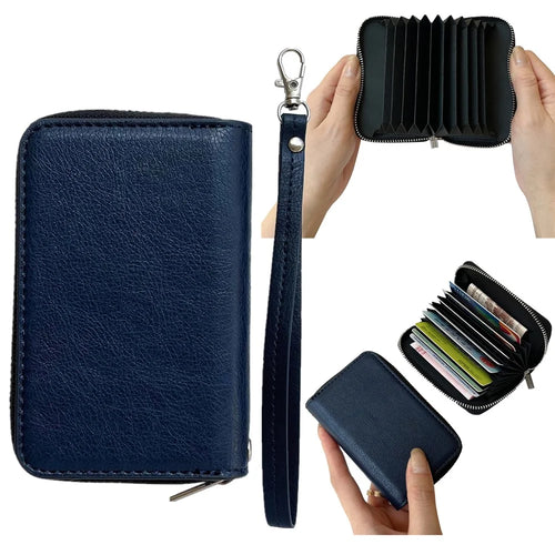 PU Leather Card Bag Multiple Card Slots Holder Zipper Purse with Wrist Strap - Blue - 1