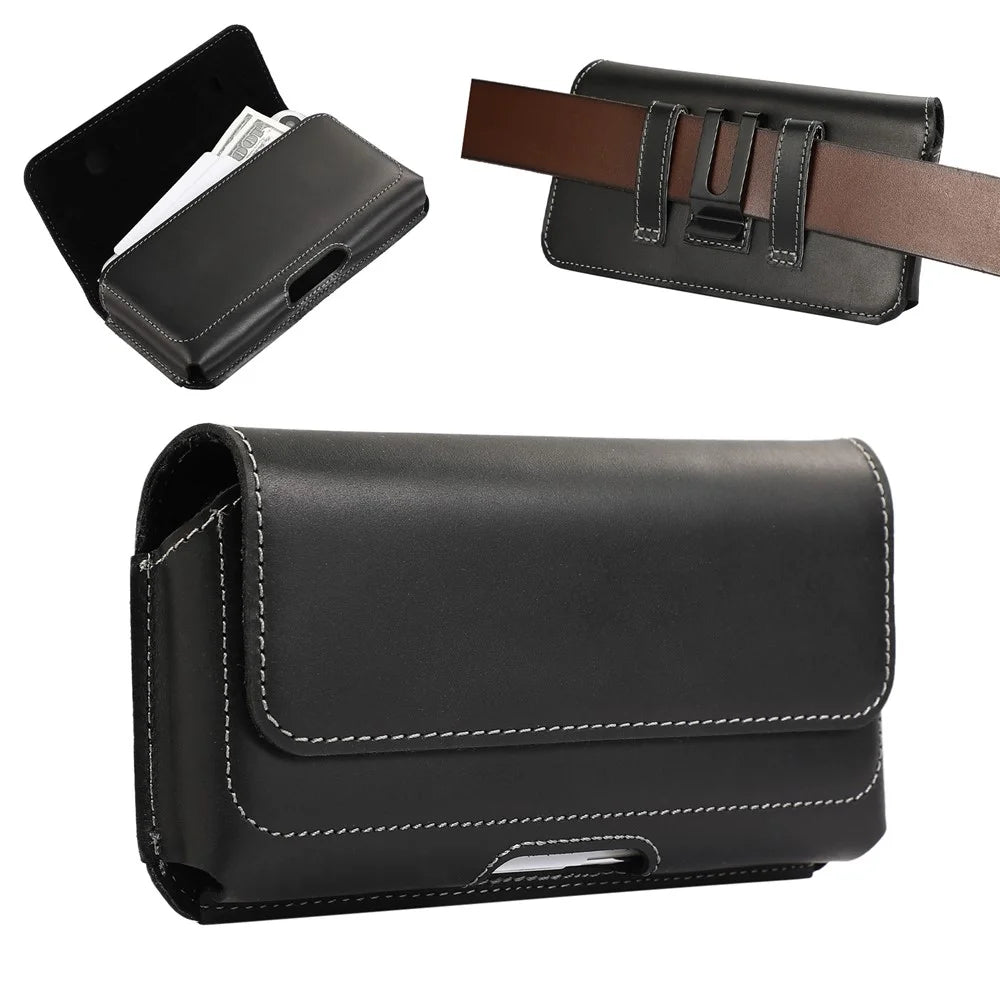 6.7-inch Horizontal Waist Bag Cell Phone Belt Holder Pouch Genuine Cow Leather - 3