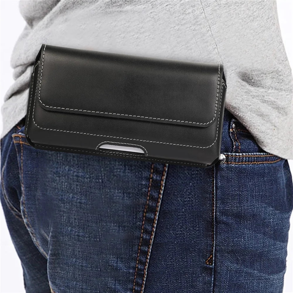 6.7-inch Horizontal Waist Bag Cell Phone Belt Holder Pouch Genuine Cow Leather - 6