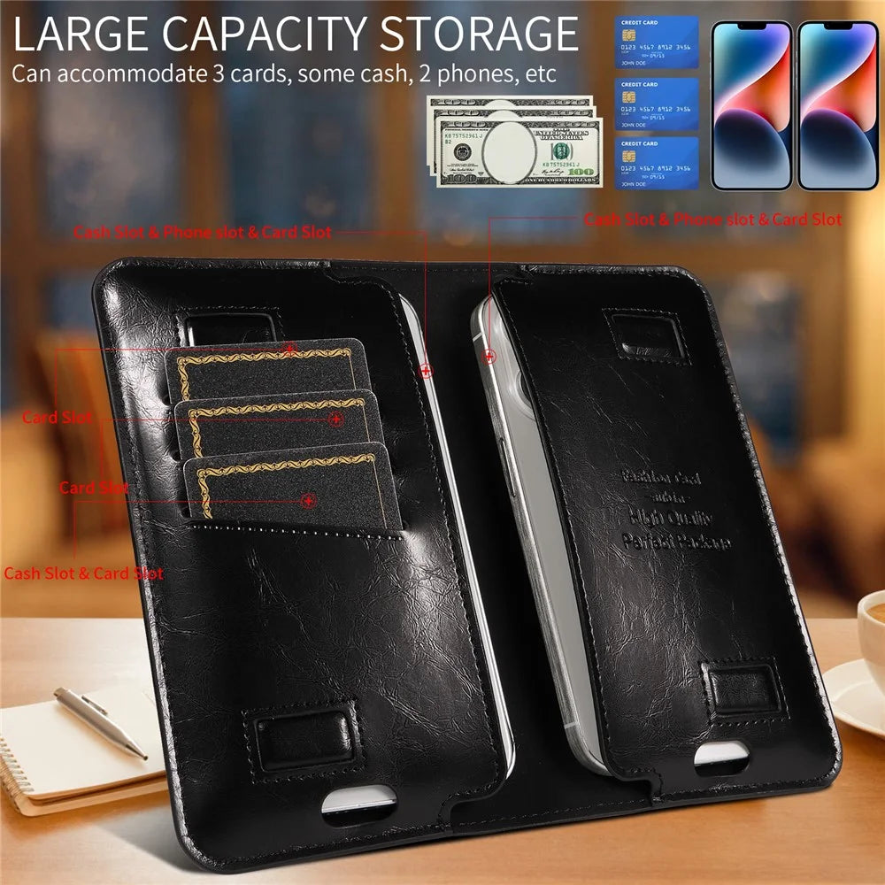 15.7x9cm Universal PU Leather Dual Phone Pouch with Magnetic Closure,  3 Card Slots, Charging Port Access - Black - 4