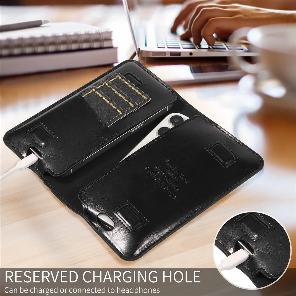 15.7x9cm Universal PU Leather Dual Phone Pouch with Magnetic Closure,  3 Card Slots, Charging Port Access - Black - 7