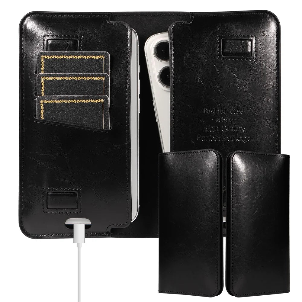 19x11cm Universal PU Leather Dual Phone Pouch with Magnetic Closure,  3 Card Slots, Charging Port Access - Black - 2